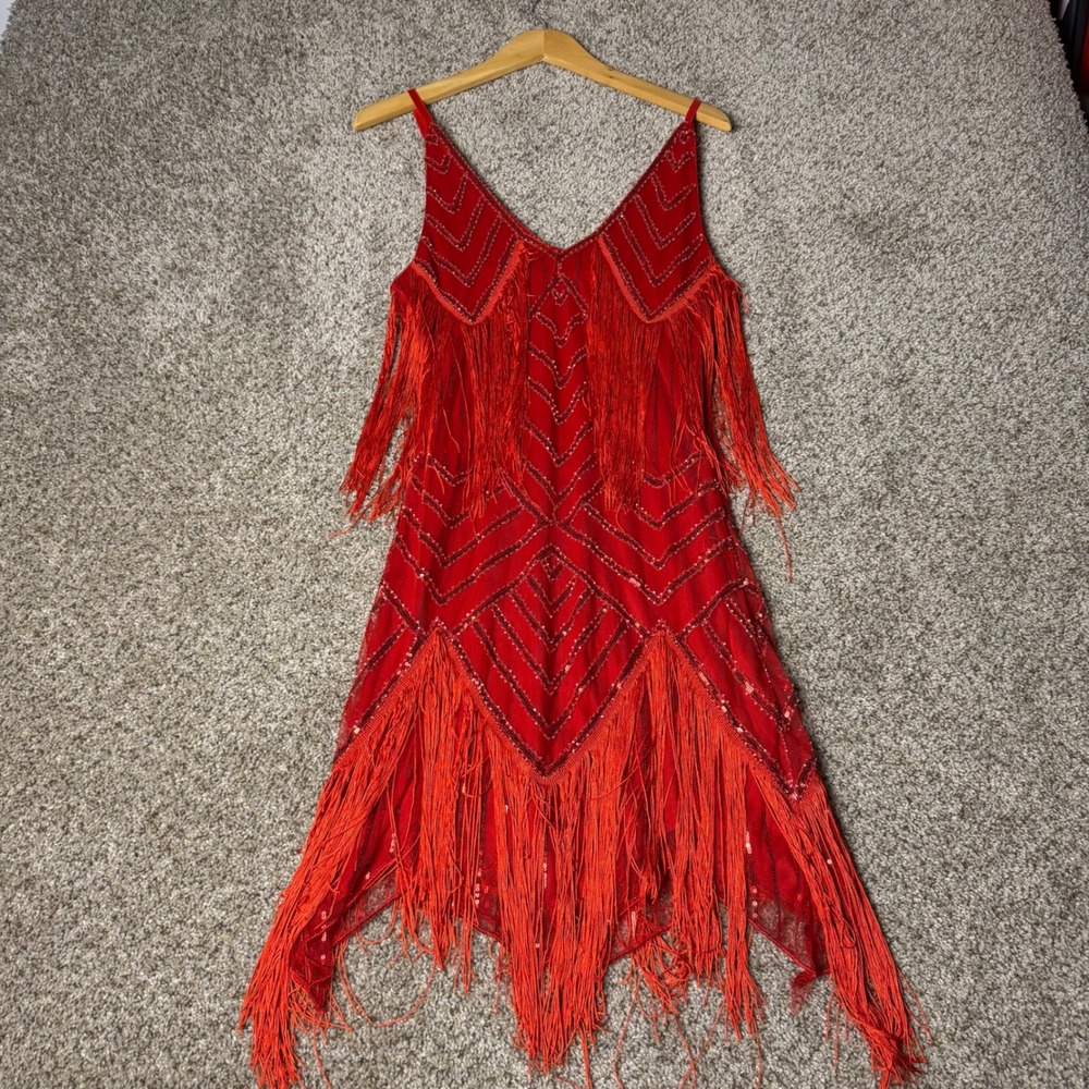 SWEETV Red Sequin Fringe Flapper Dress Great Gatsby 1920s Costume Small